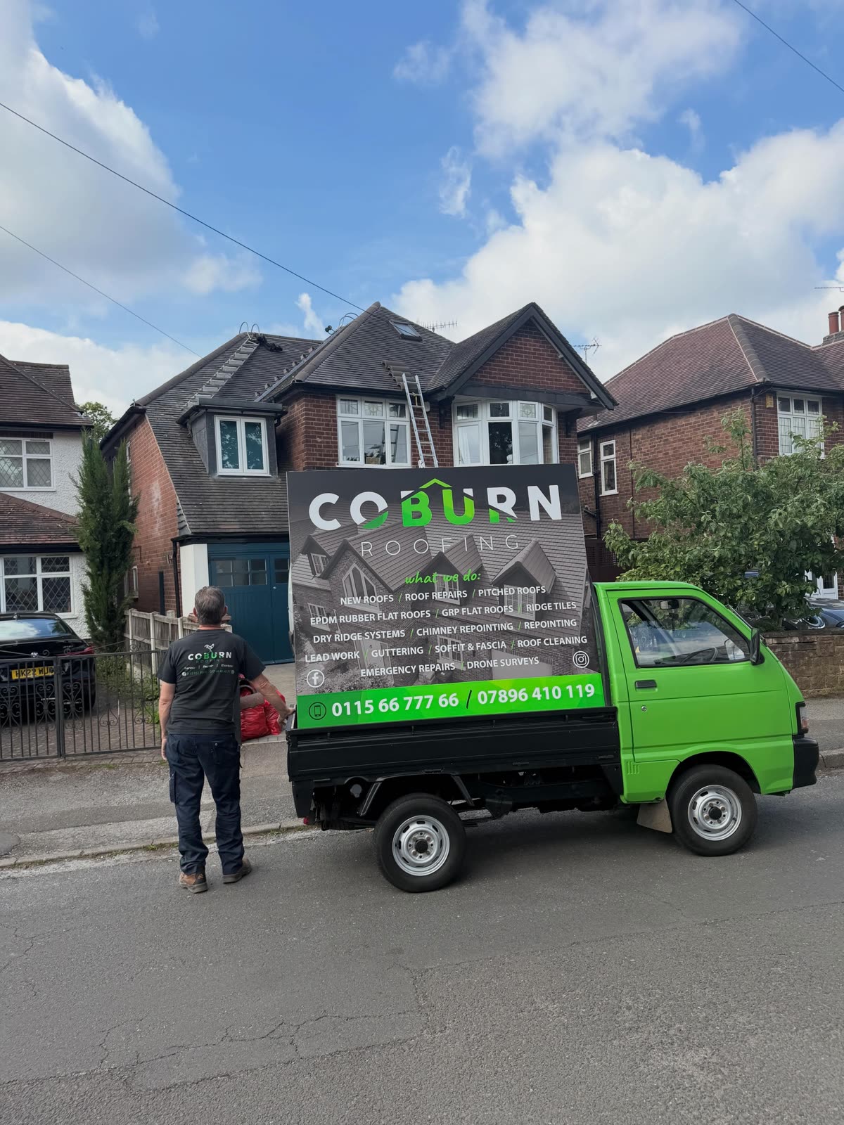 Coburn Roofing branded van on a local street